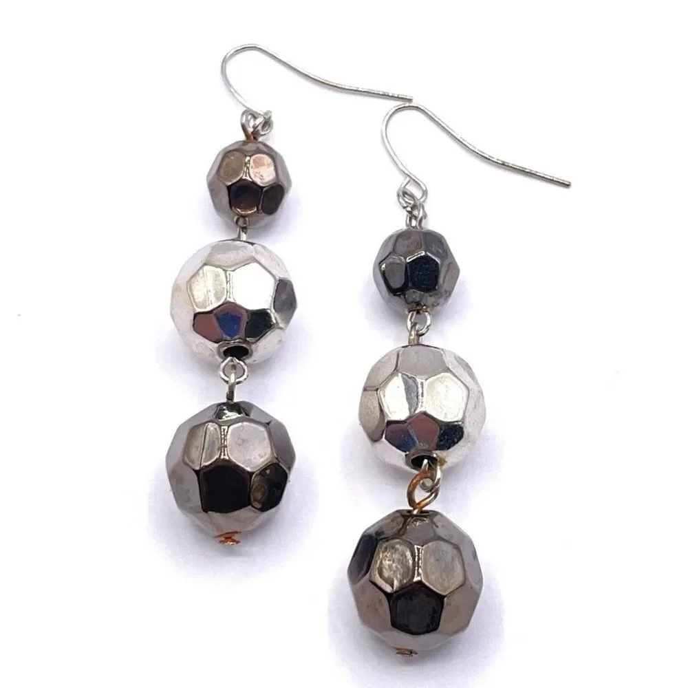 Silver and Gun Metal Black Round Faceted Beaded Dangling Drop Hook Earrings